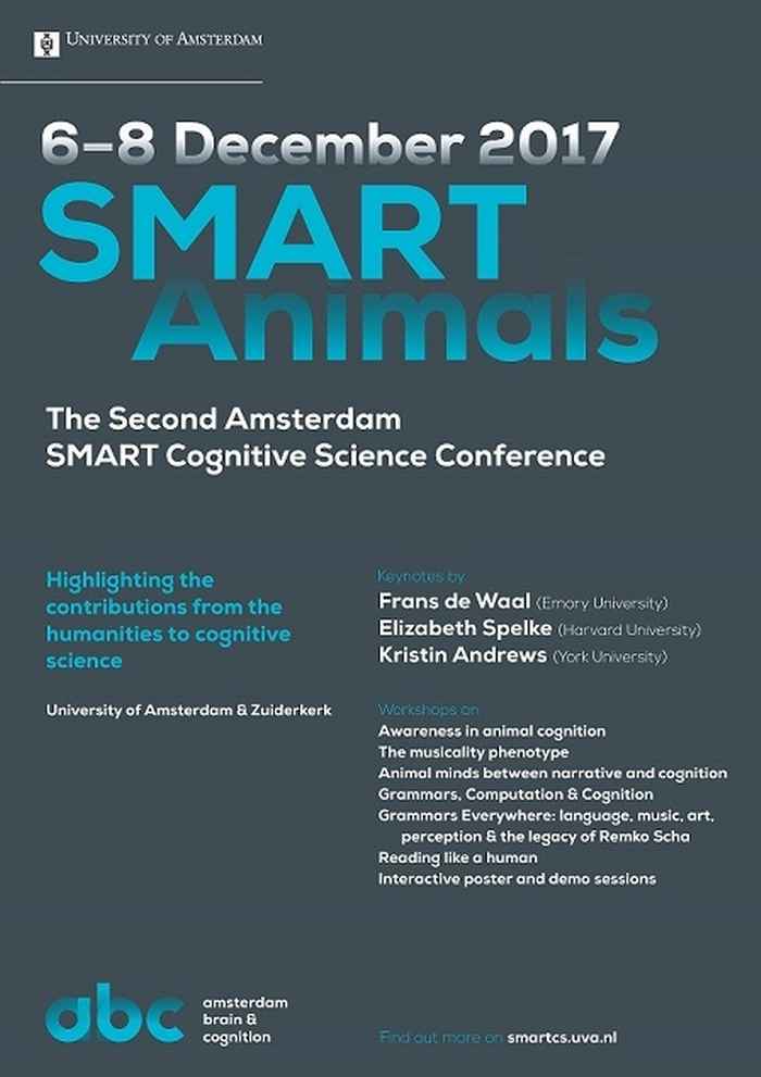 Poster announcing SMART Animals, the second Amsterdam SMART Cognitive Science Conference.